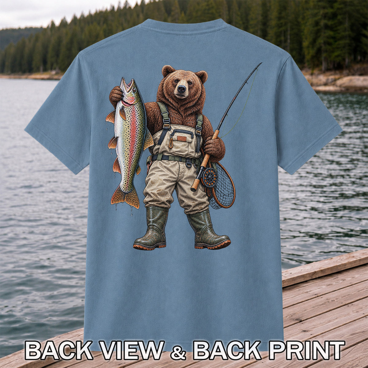 Bear Fishing with Rainbow Trout Outdoor Graphic T-Shirt | Back Print