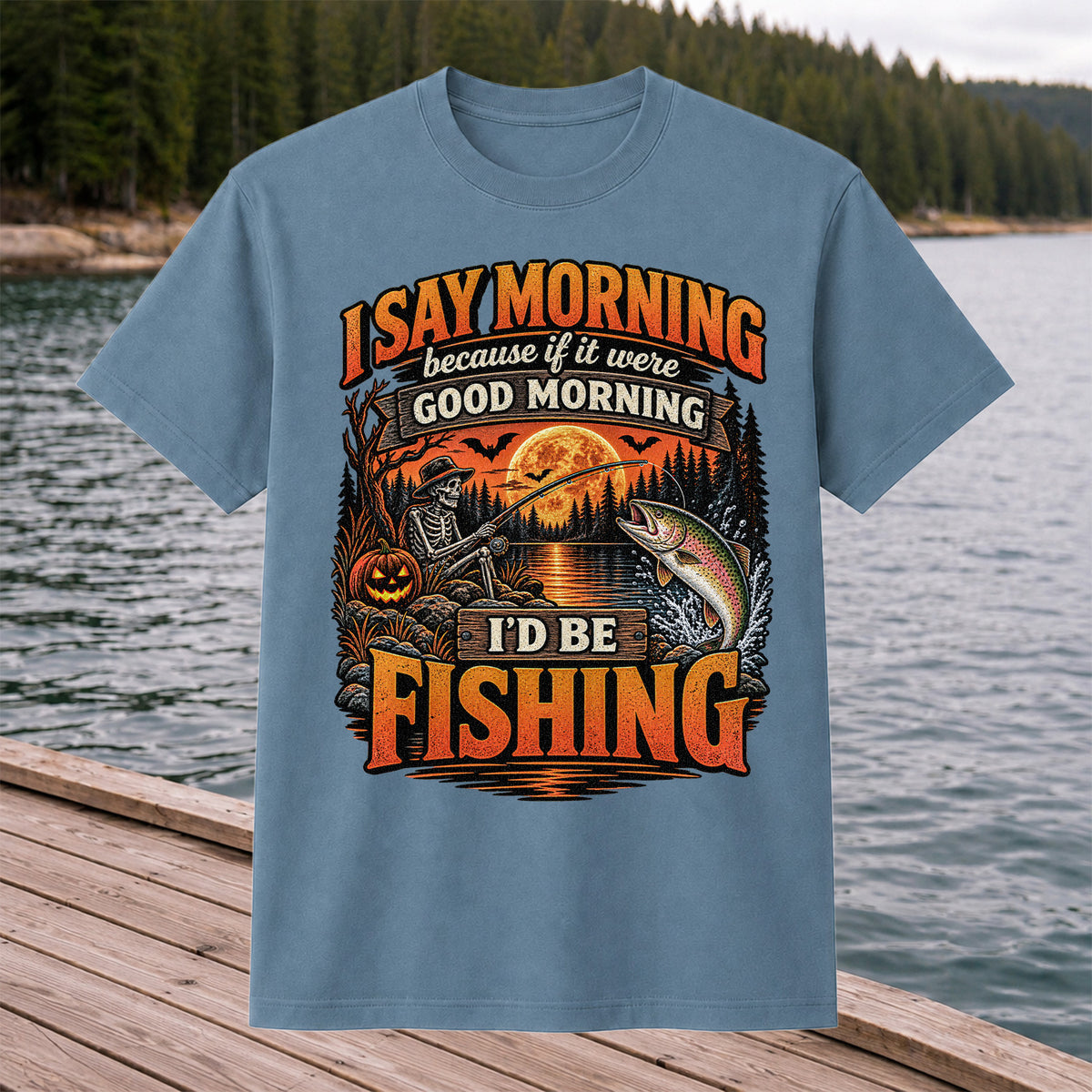 I Say Morning Because If It Were Good Morning I'd Be Fishing Halloween Skeleton Trout T-Shirt