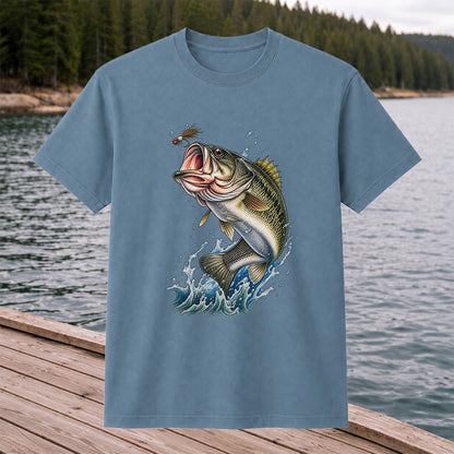Largemouth Bass Leaping for a Fly Fishing Graphic T-Shirt