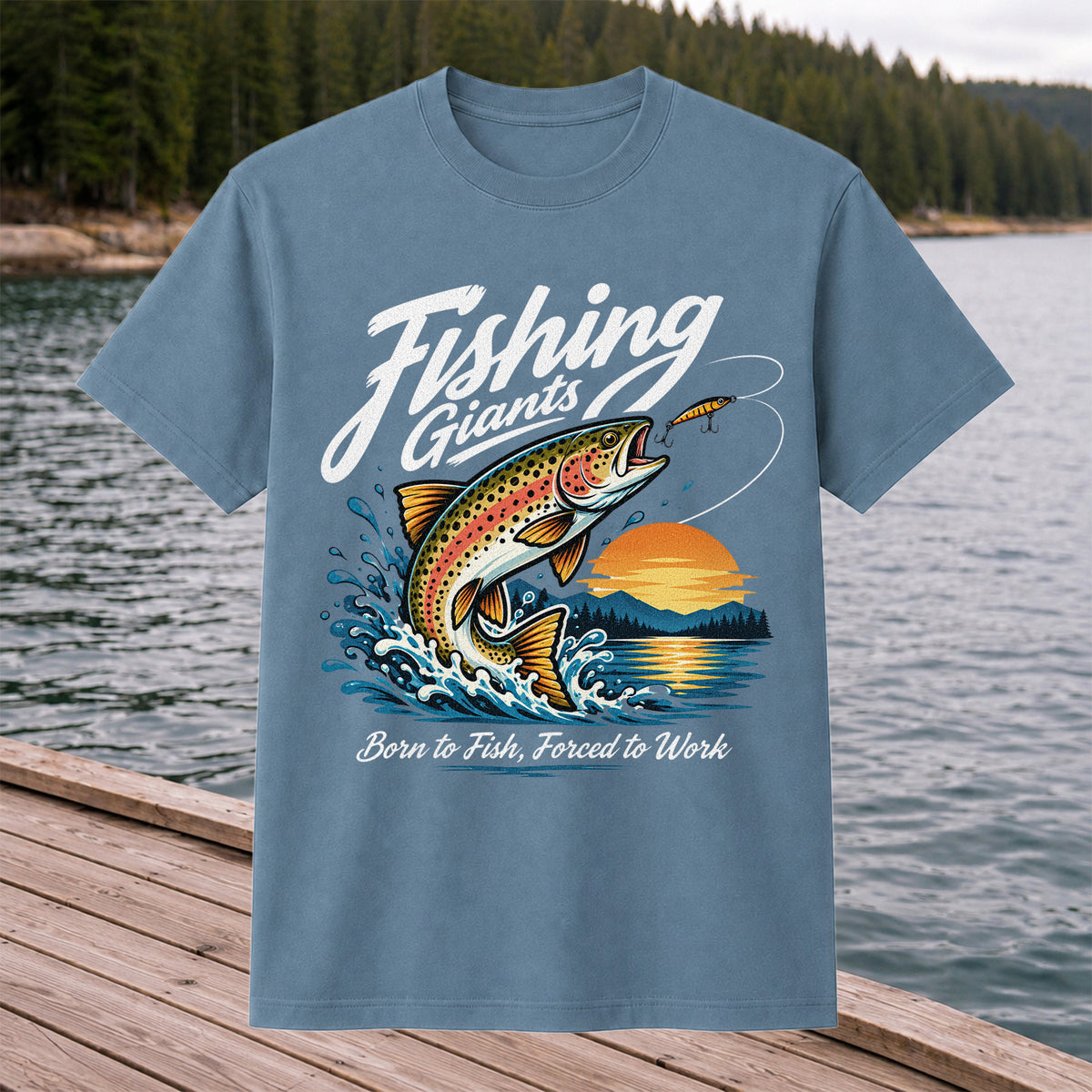 Fishing Giants Born to Fish Forced to Work Rainbow Trout T-Shirt
