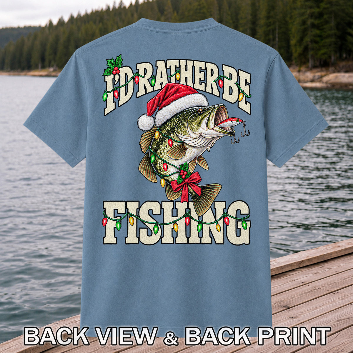 Santa Hat Bass Christmas Fishing Graphic T-Shirt | Back Print