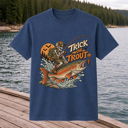 Trick or Trout Halloween Skeleton Angler Fishing T-Shirt