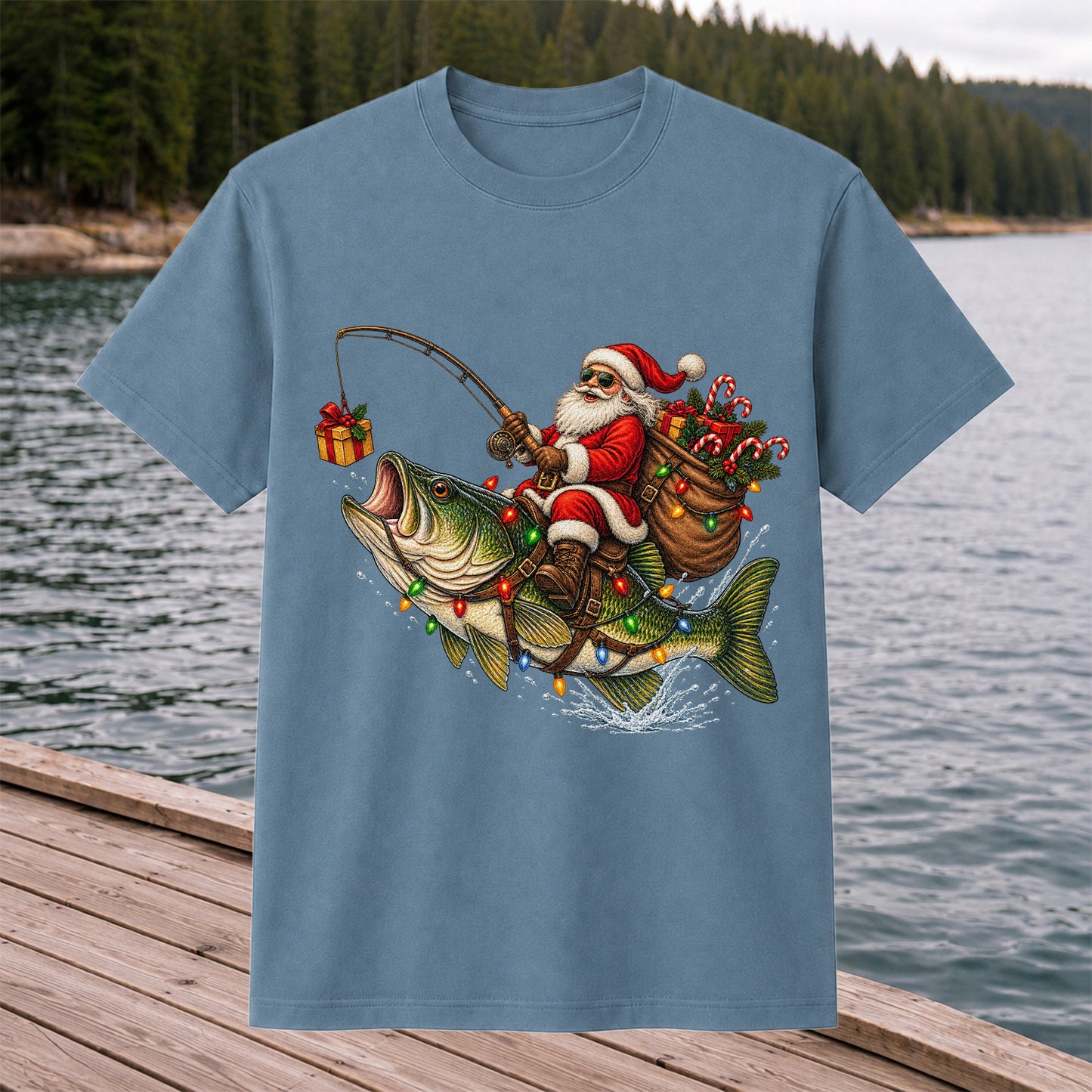 Santa Riding a Largemouth Bass Christmas Fishing Graphic T-Shirt