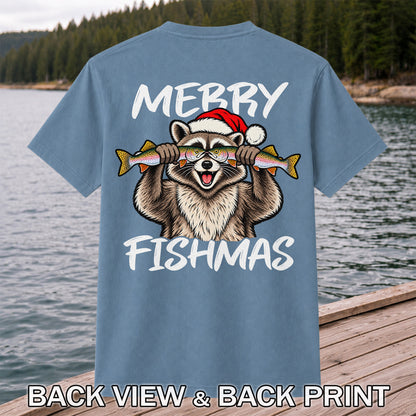 Merry Fishmas Raccoon Rainbow Trout Christmas Fishing T-Shirt | Back Print