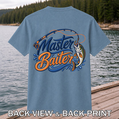 Master Baiter Funny Fishing Rod and Jumping Fish T-Shirt | Back Print