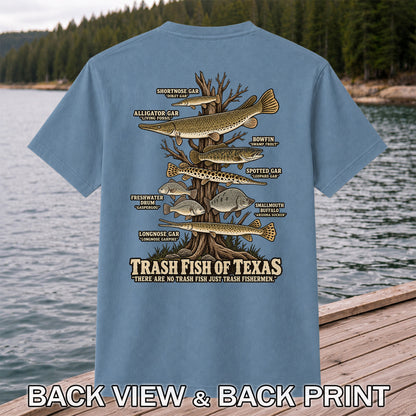 Trash Fish of Texas Gar and Freshwater Fish Graphic T-Shirt | Back Print