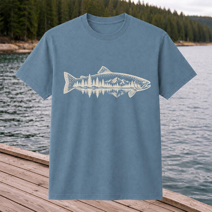 Trout Mountain Forest Reflection Fishing Graphic T-Shirt