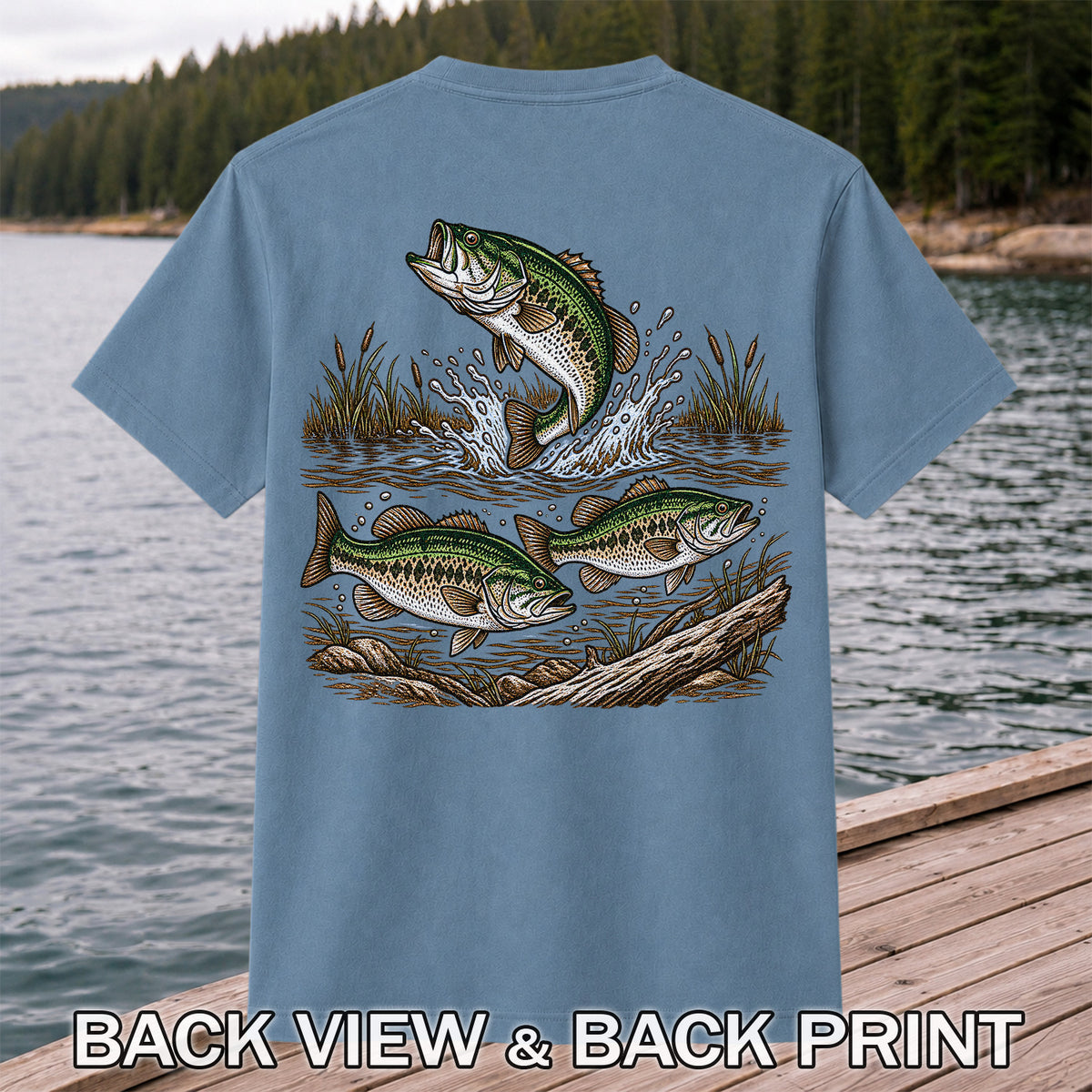 Largemouth Bass Jumping River Fishing Graphic T-Shirt | Back Print