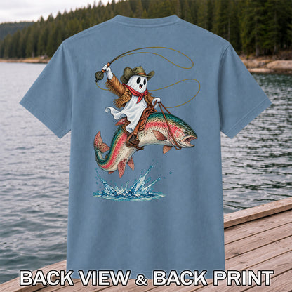 Ghost Cowboy Riding a Rainbow Trout Halloween Fishing T-Shirt | Back Print