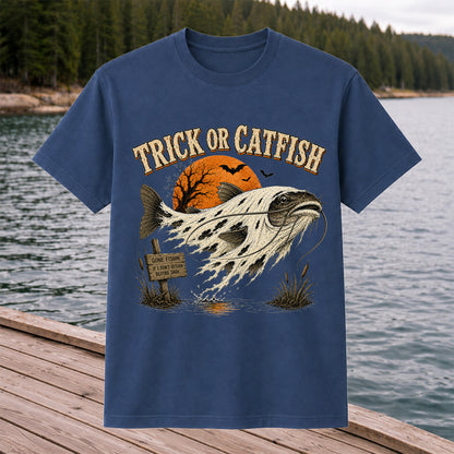 Trick or Catfish Halloween Fishing T-Shirt, Vintage Trout Angler Tee