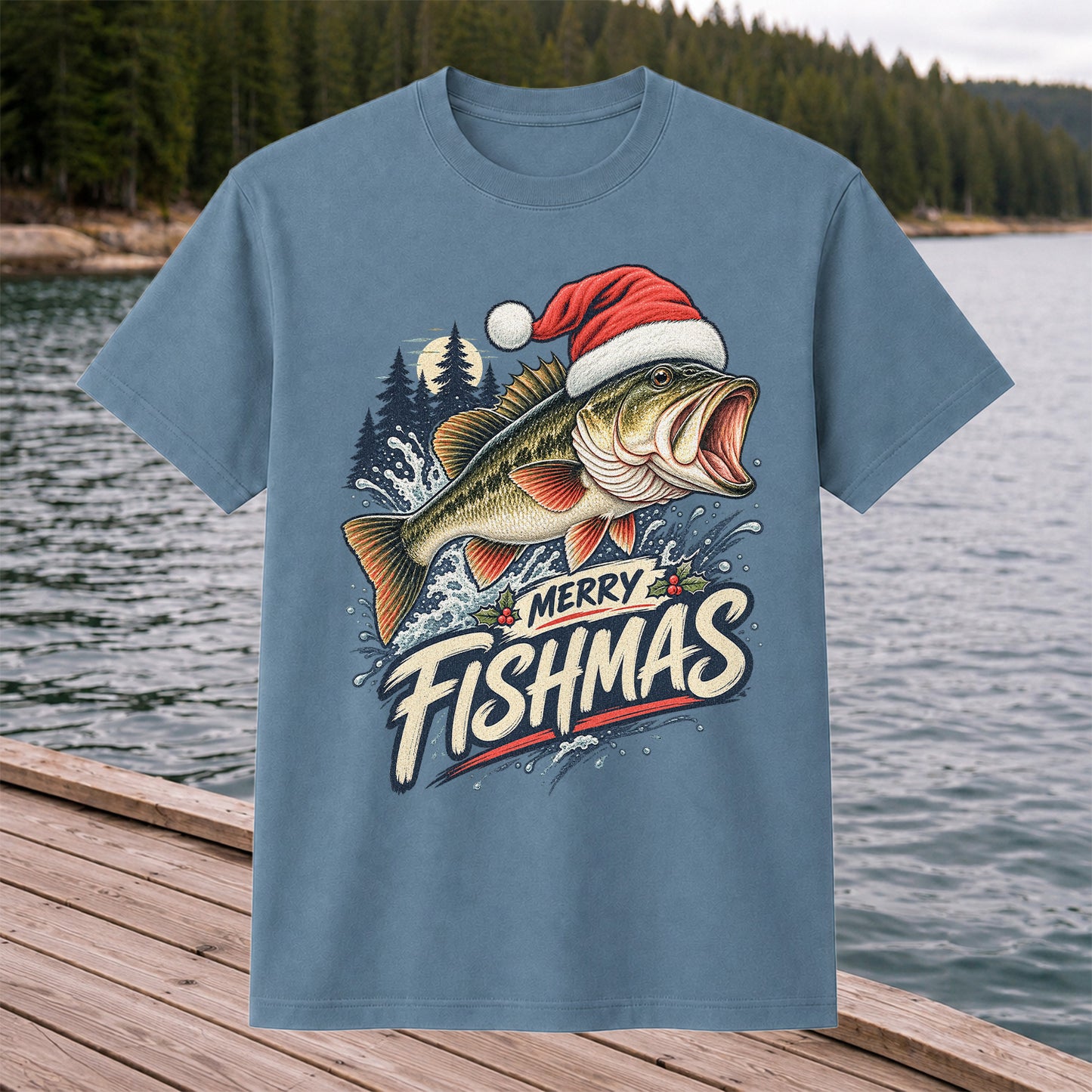 Merry Fishmas Santa Hat Largemouth Bass Fishing T-Shirt