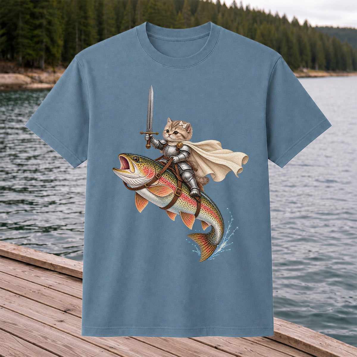 Cat Knight Riding a Rainbow Trout Fishing Graphic T-Shirt