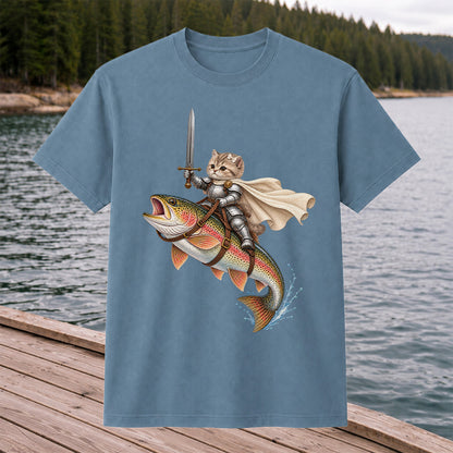 Cat Knight Riding a Rainbow Trout Fishing Graphic T-Shirt
