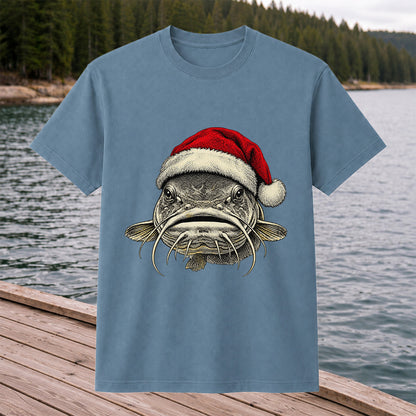 Christmas Catfish Santa Hat Holiday Fishing Graphic T-Shirt