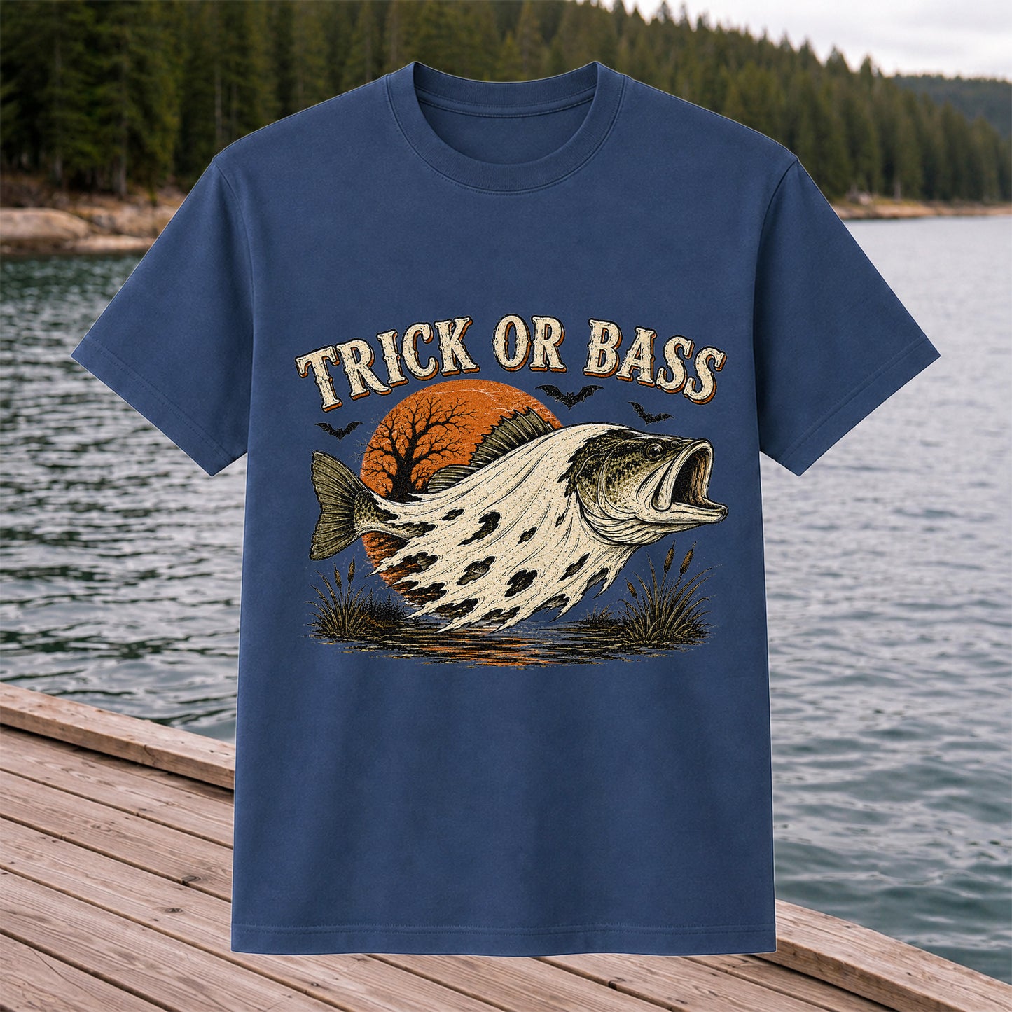 Trick or Bass Boo Halloween Fishing T-Shirt, Vintage Trout Angler Tee