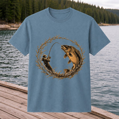 Carp Angler in Circular Water Splash Fishing Graphic T-Shirt