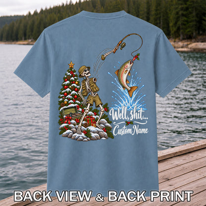 Skeleton Angler Christmas Fishing Personalized Graphic T-Shirt | Back Print