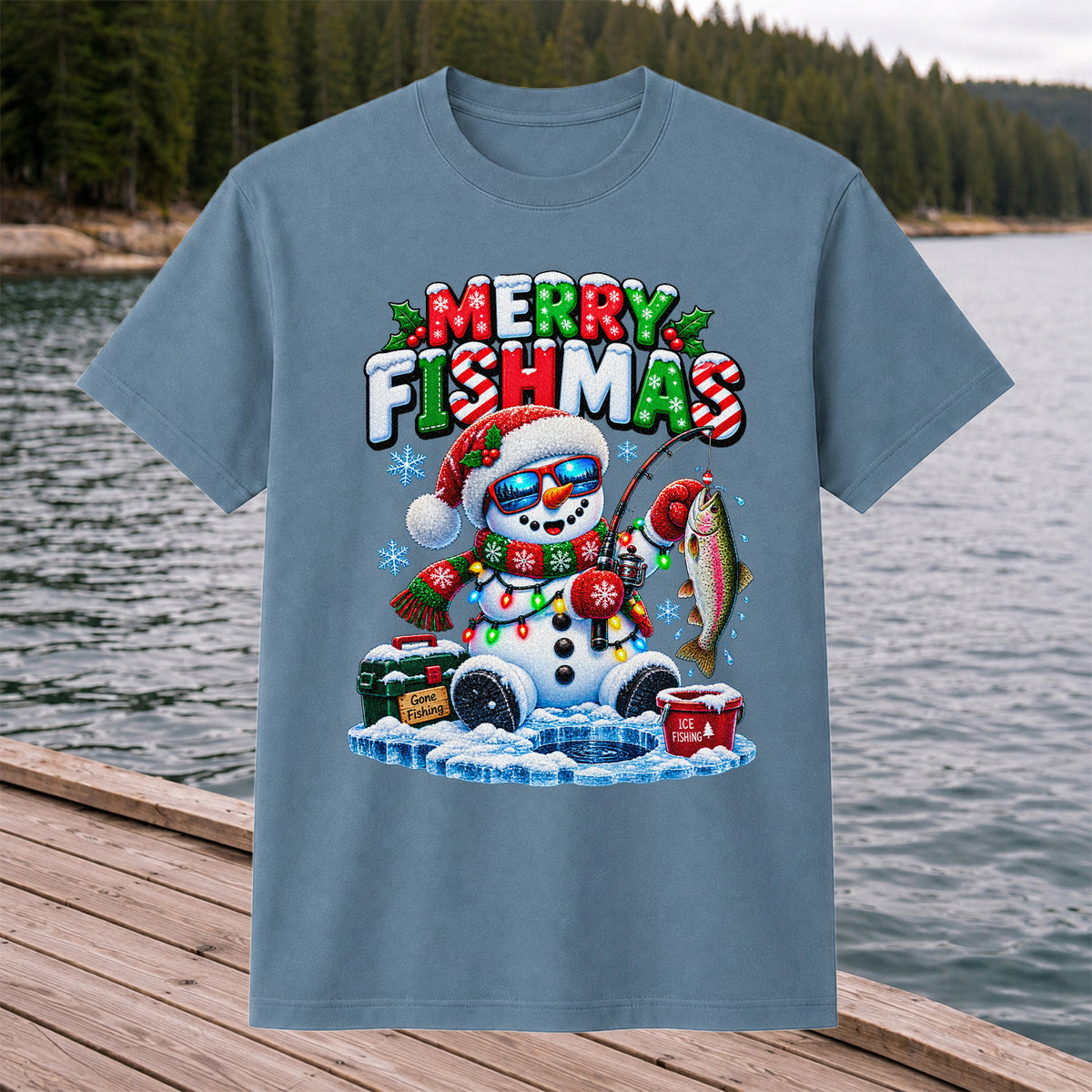 Merry Fishmas Gone Fishing Snowman and Rainbow Trout Ice Fishing Christmas T-Shirt