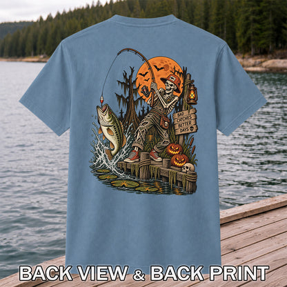 Bad Catches Better Days Skeleton and Bass Halloween Fishing T-Shirt | Back Print