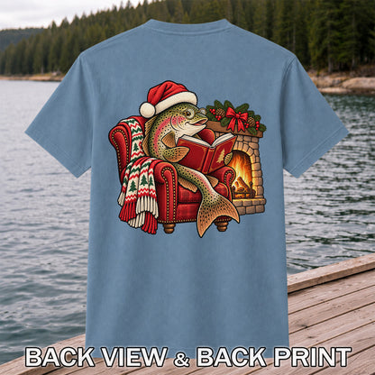 Christmas Trout Reading by the Fireplace Fishing T-Shirt | Back Print