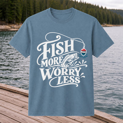 Fish More Worry Less Funny Fishing Graphic T-Shirt