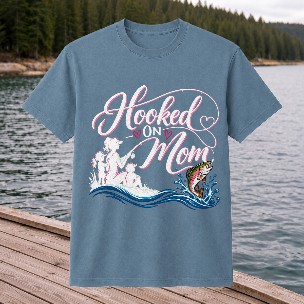 Hooked on Mom Rainbow Trout Family Fishing T-Shirt