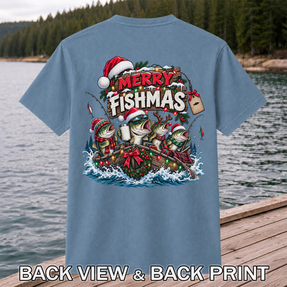 Merry Fishmas Christmas Bass in a Fishing Boat Graphic T-Shirt | Back Print