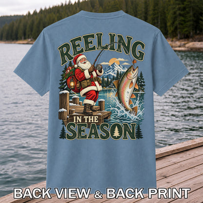 Reeling in the Season Santa Fishing for Rainbow Trout Christmas T-Shirt | Back Print