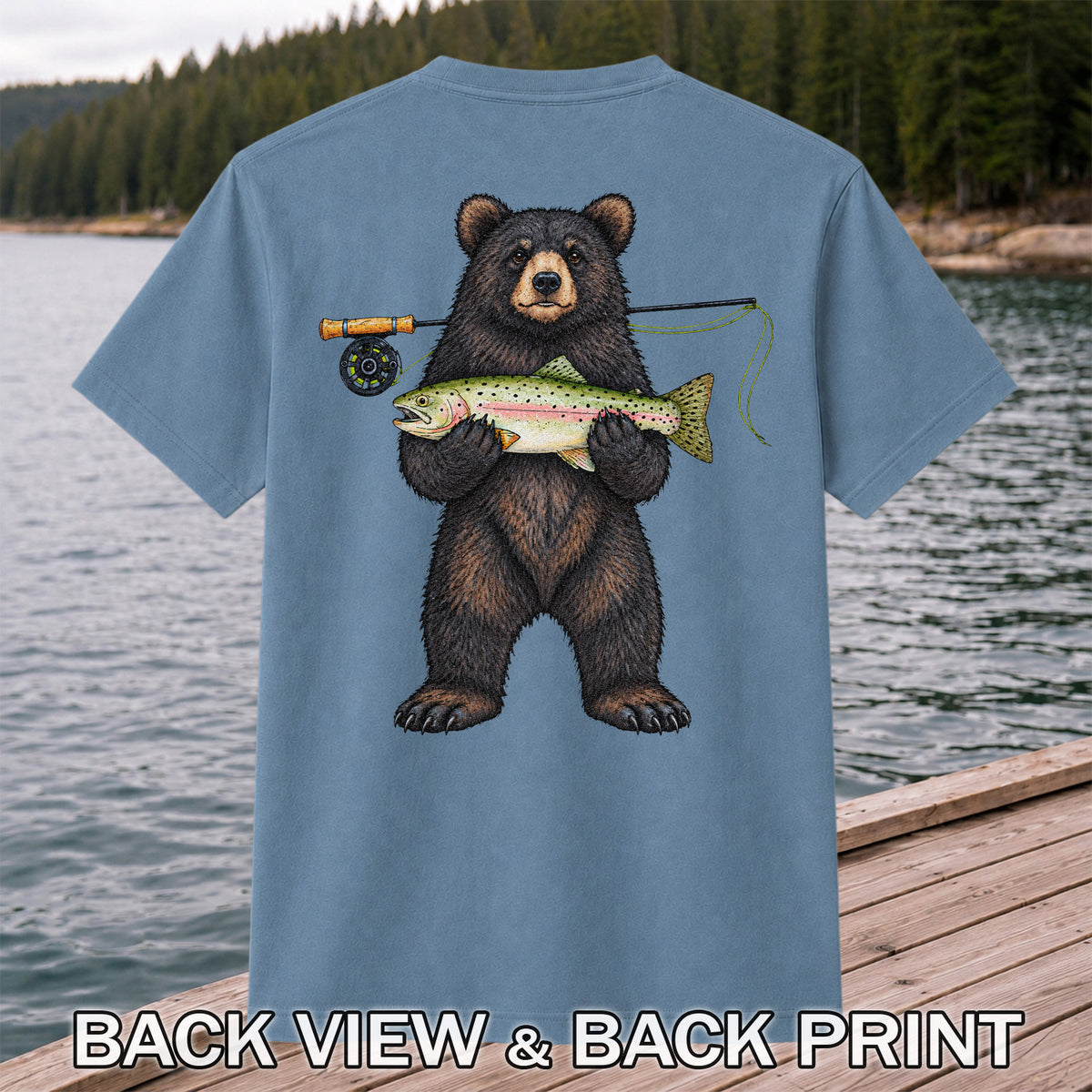 Black Bear Holding Rainbow Trout Fly Fishing Graphic T-Shirt | Back Print
