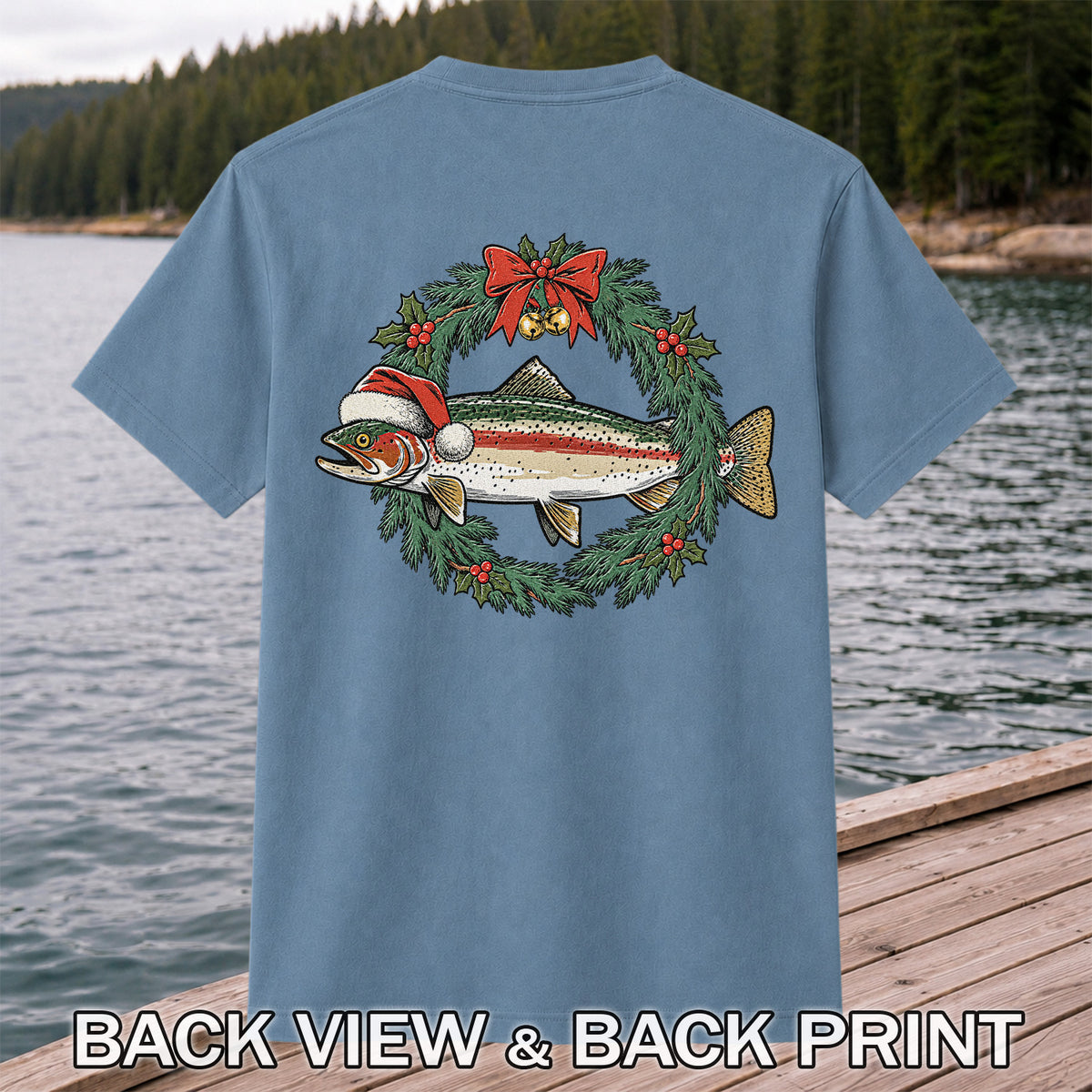 Christmas Trout Wreath Fishing Graphic T-Shirt | Back Print