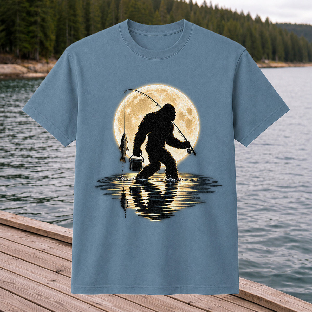 Bigfoot Fishing Under a Full Moon Graphic T-Shirt