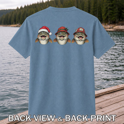 Funny Christmas Trout Trio Fishing Graphic T-Shirt | Back Print