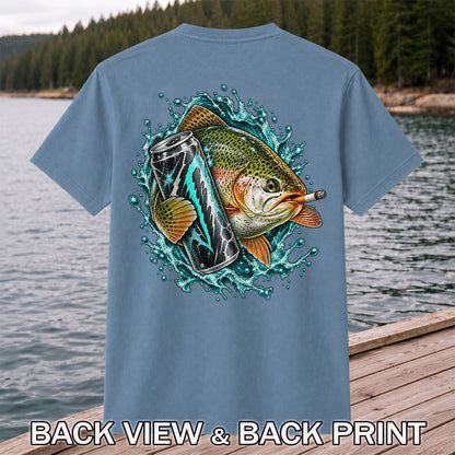 Rainbow Trout with Cigarette and Energy Drink Fishing T-Shirt | Back Print
