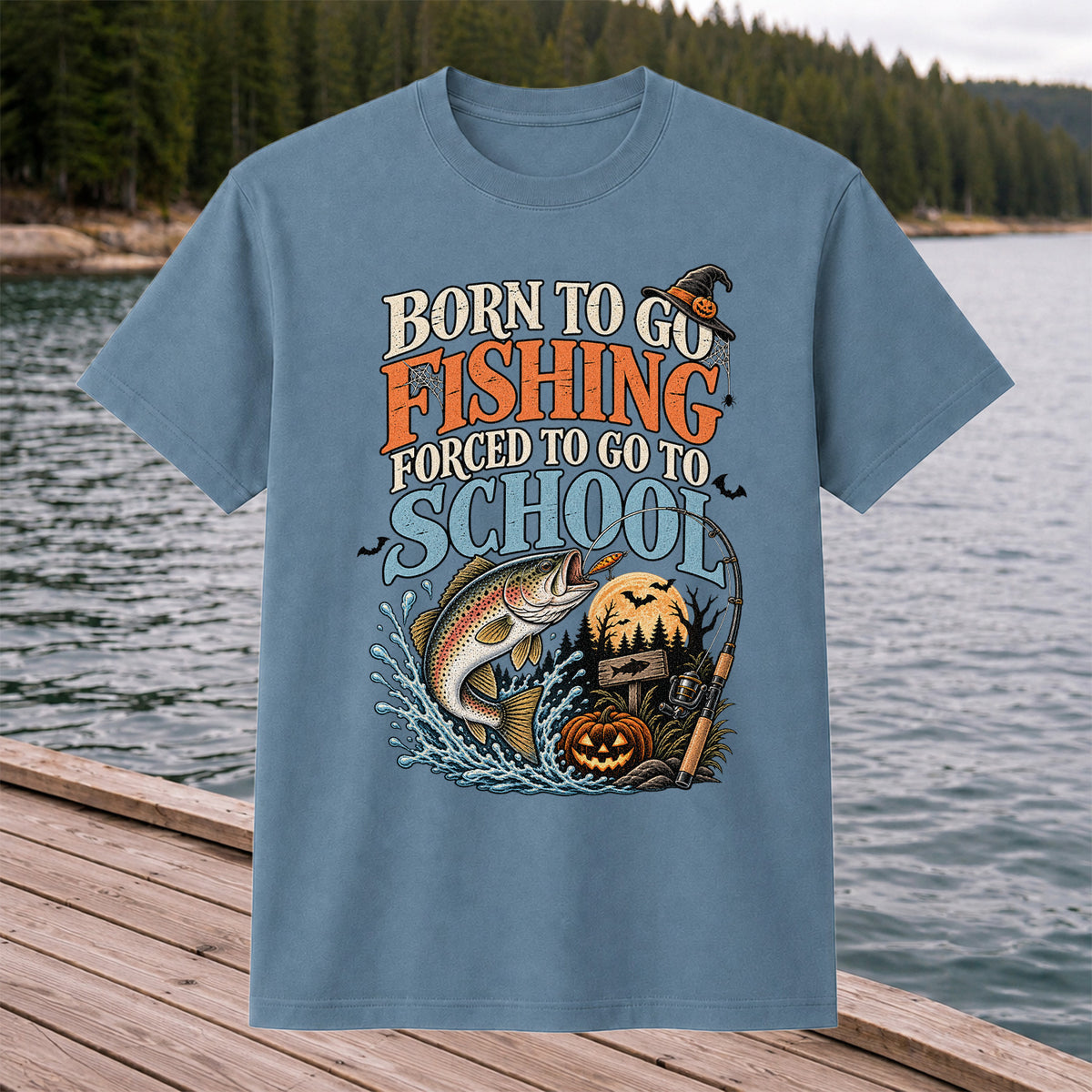 Born to Go Fishing Forced to Go to School Rainbow Trout Halloween T-Shirt
