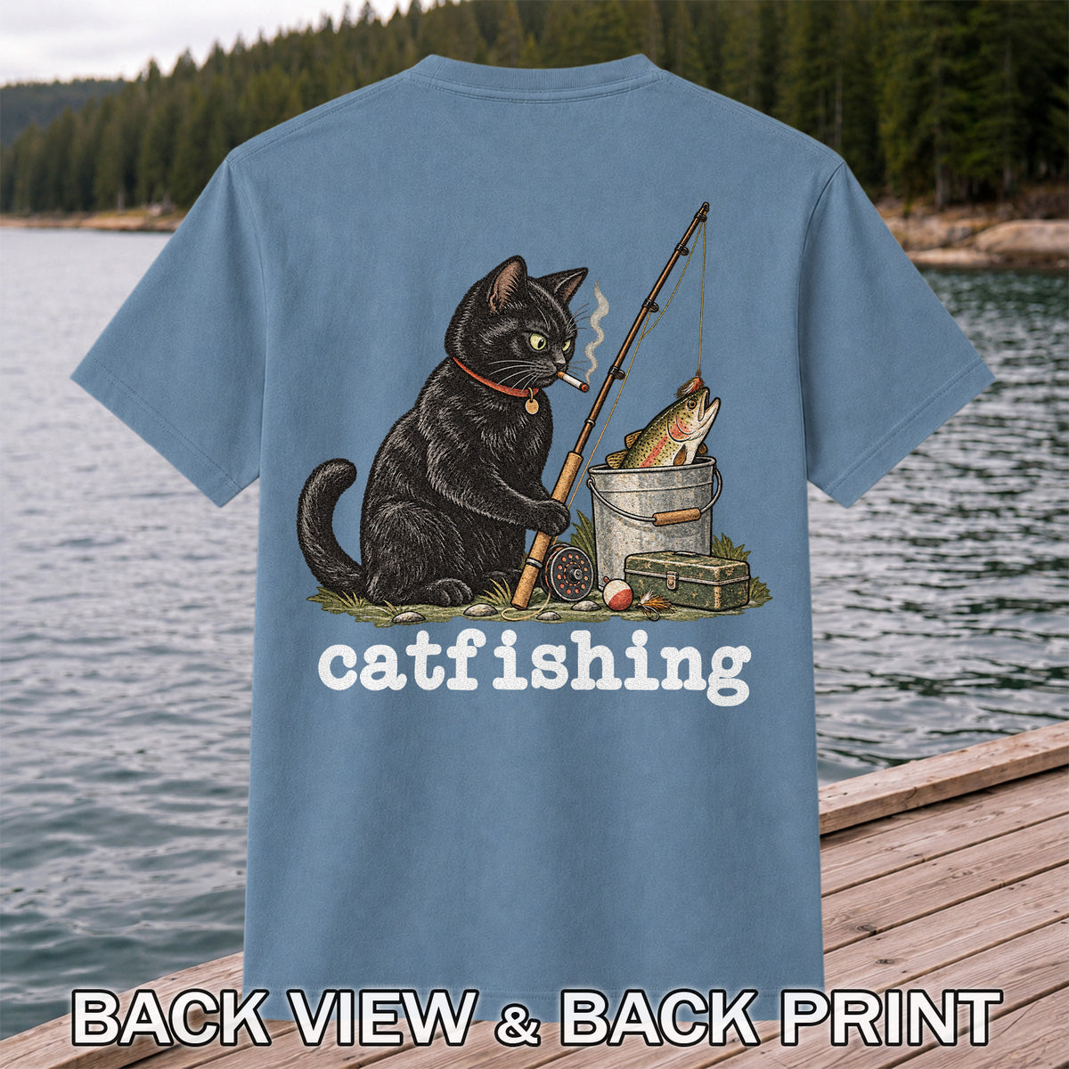 Catfishing Smoking Black Cat with Fishing Rod Funny T-Shirt | Back Print