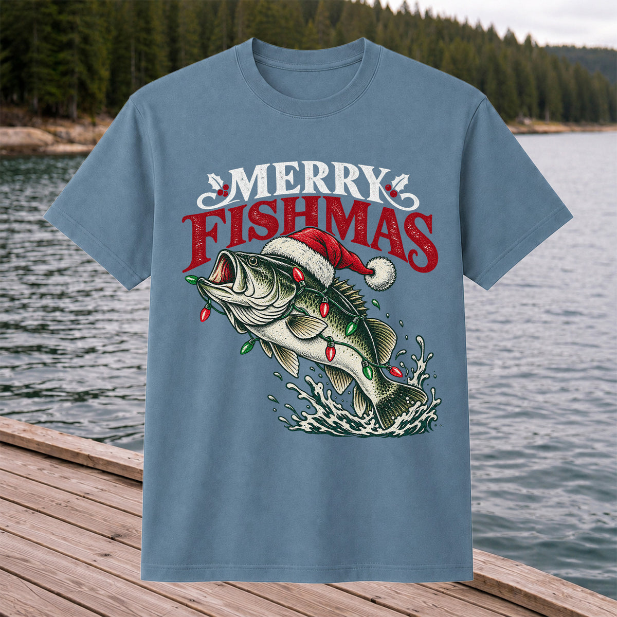 Christmas Bass Fishing Graphic T-Shirt with Santa Hat