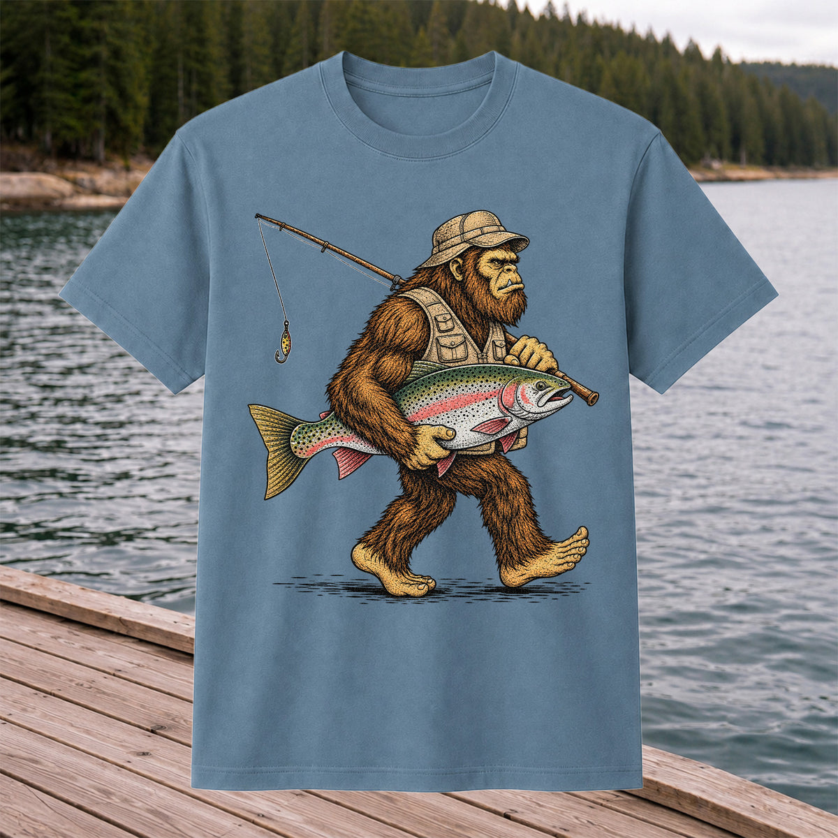 Bigfoot Holding Rainbow Trout Vintage Fishing Graphic T-Shirt