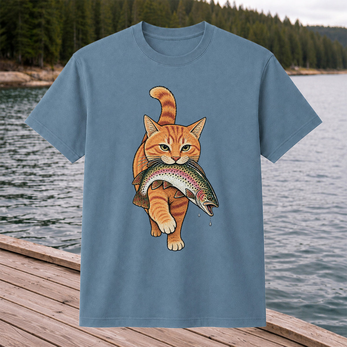 Cat Holding Trout Funny Fishing Graphic T-Shirt