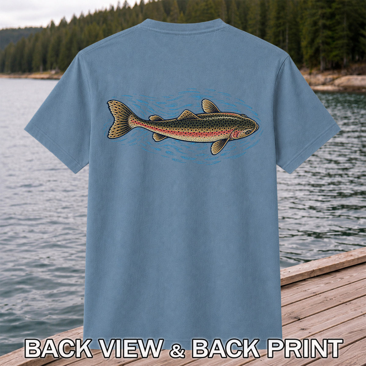 Rainbow Trout River Fishing Graphic T-Shirt | Back Print