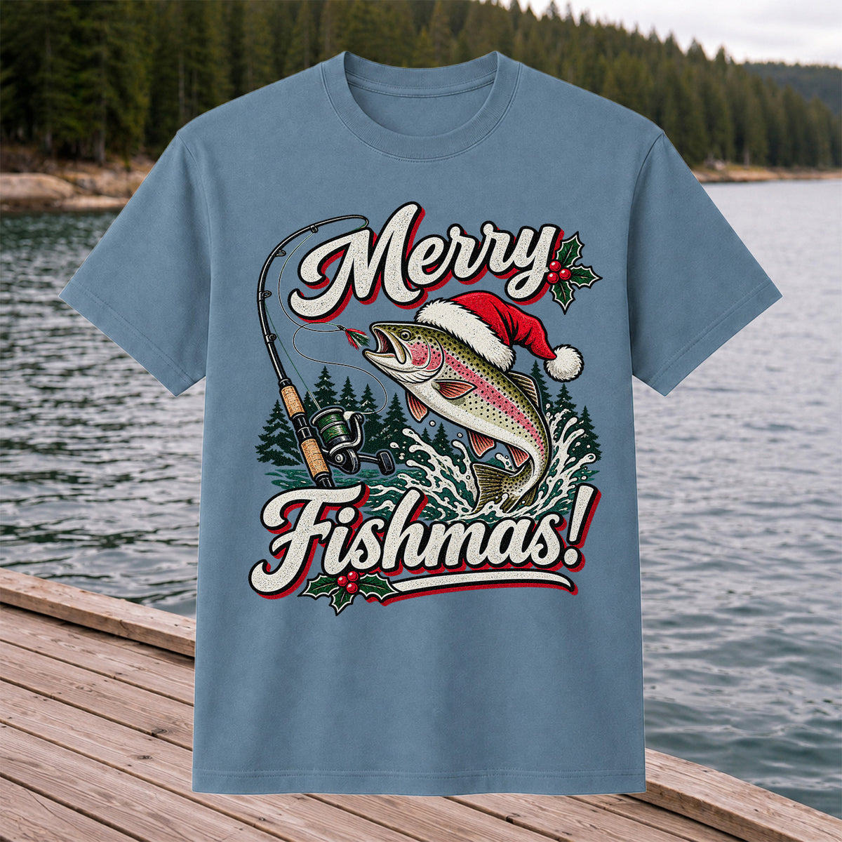 Merry Fishmas Rainbow Trout in Santa Hat Christmas Fishing T-Shirt, Trout Fishing