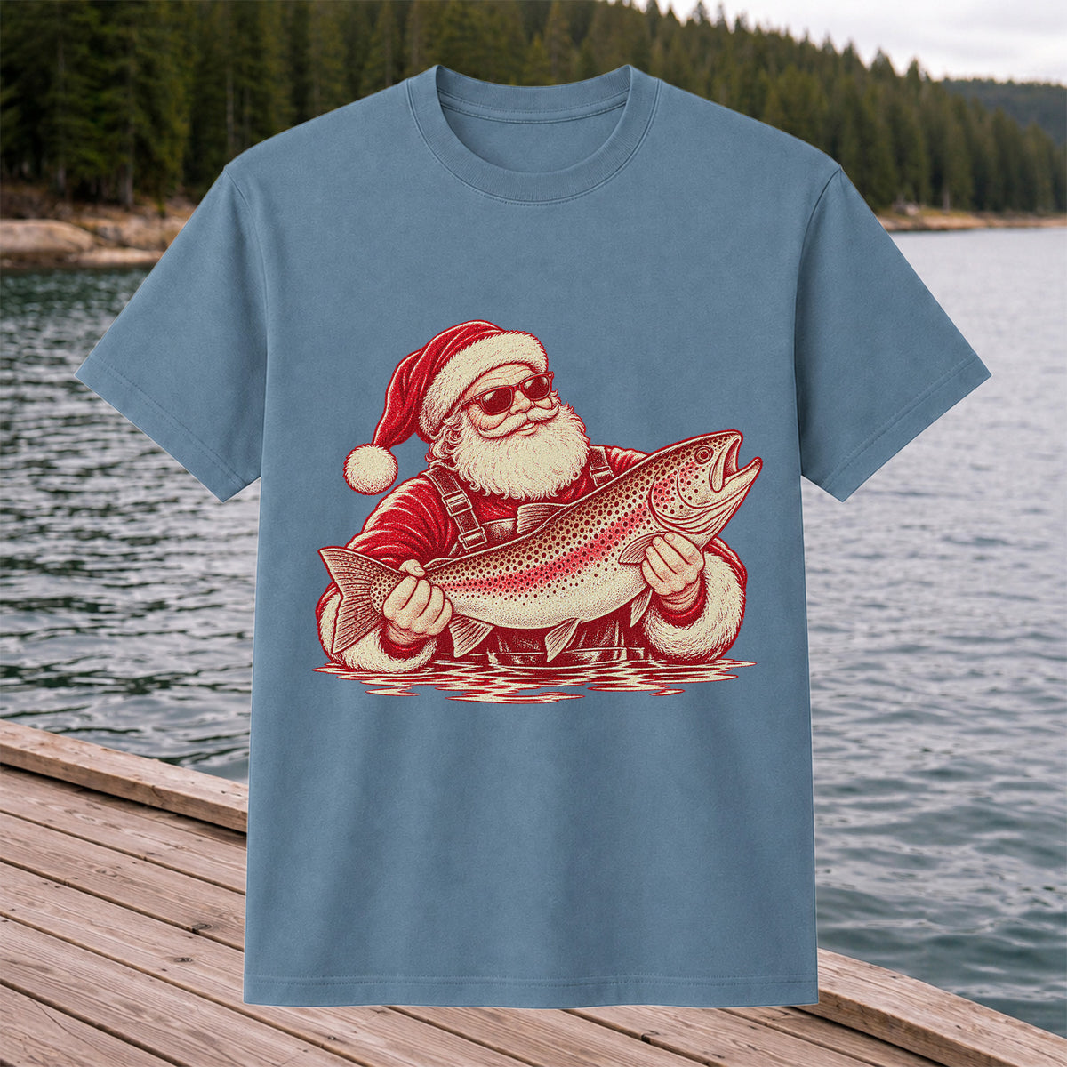 Santa Holding Trout Christmas Fishing Graphic T-Shirt