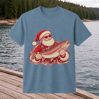 Santa Holding Trout Christmas Fishing Graphic T-Shirt