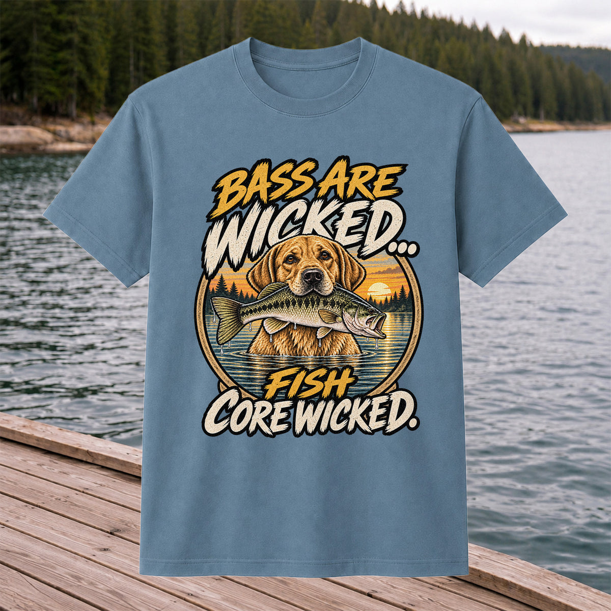 Bass Are Wicked Fish Core Wicked Dog Holding Bass Fishing T-Shirt