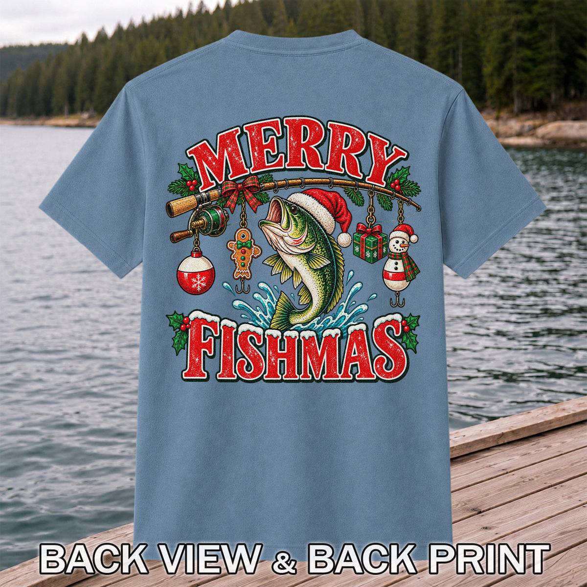 Merry Fishmas Santa Bass Christmas Fishing Graphic T-Shirt | Back Print