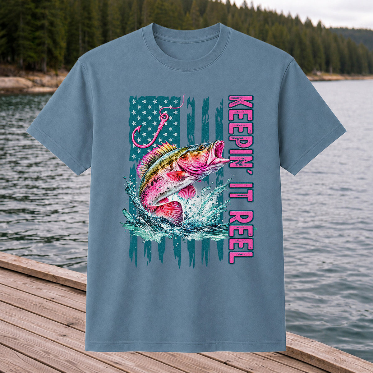 Keepin' It Reel Bass Fishing American Flag Graphic T-Shirt
