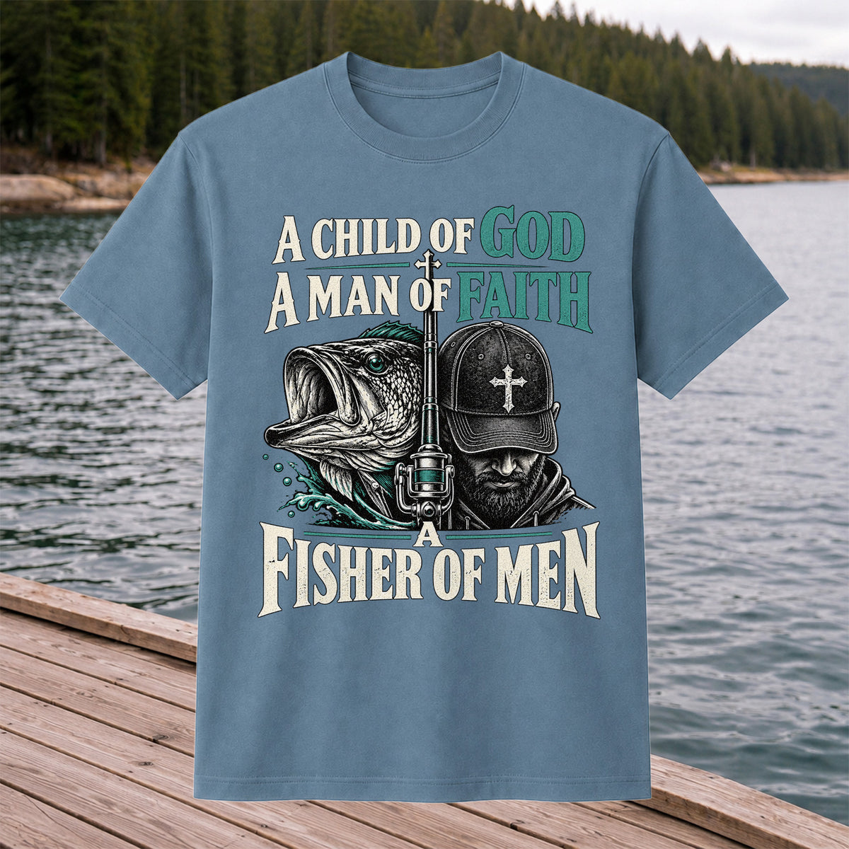 A Child of God A Man of Faith A Fisher of Men Bass Fishing T-Shirt