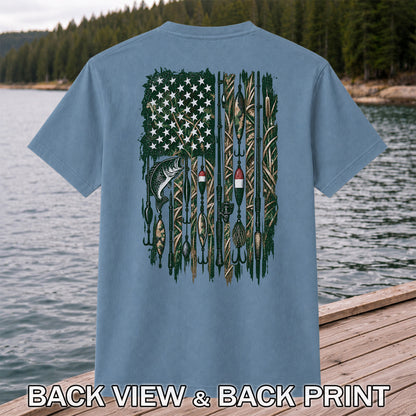 American Flag Bass Fishing Rods and Lures Graphic T-Shirt | Back Print