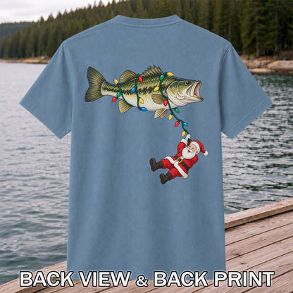 Santa Hanging from Christmas Lights on Bass Fishing Graphic T-Shirt | Back Print