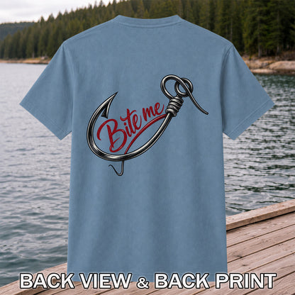 Bite Me Fishing Hook Funny Graphic T-Shirt | Back Print