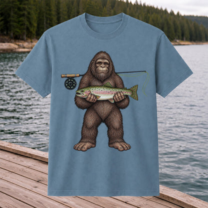 Bigfoot Holding Rainbow Trout Fly Fishing Graphic T-Shirt